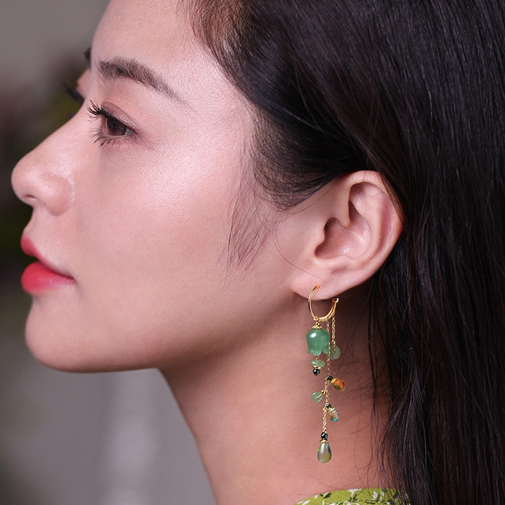 Vintage Green Jade Earrings inspired by Bamboo, Handmade Chinese Asymmetric Earrings | Yun Boutique on sale