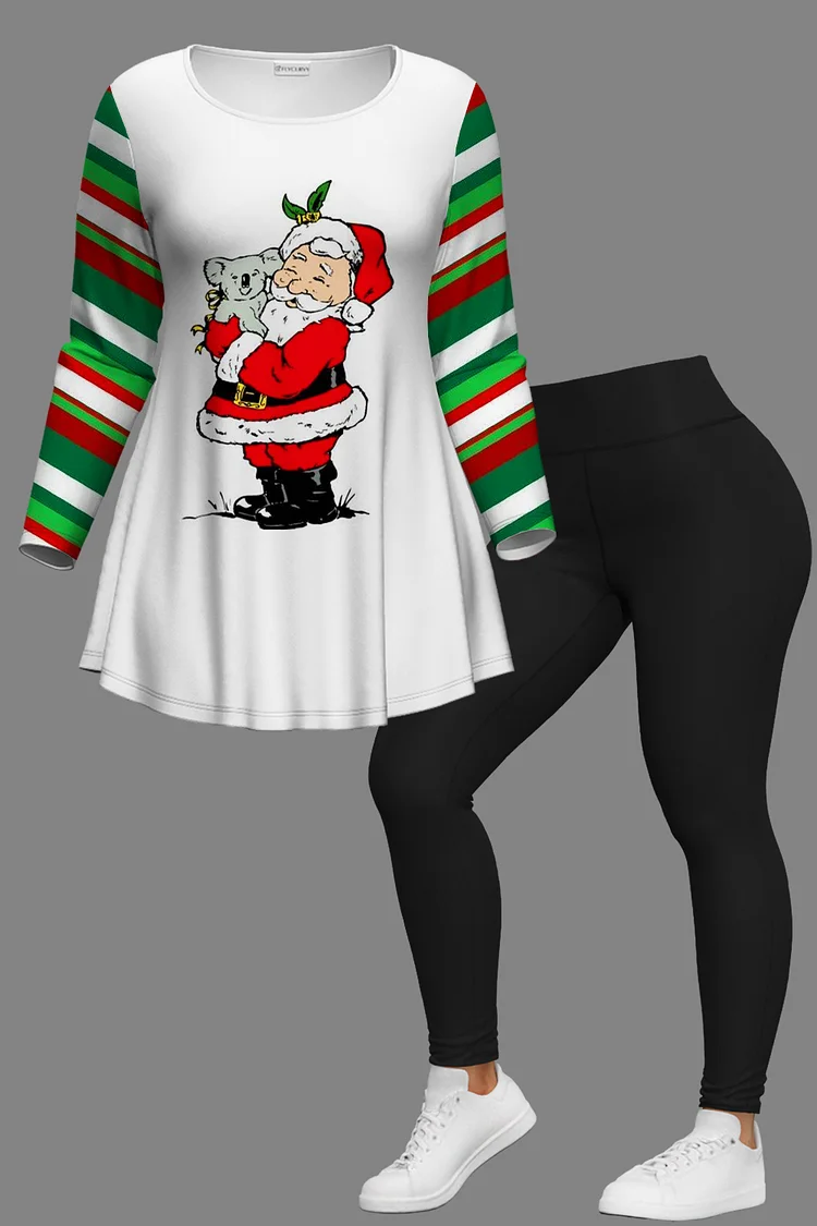 Flycurvy Plus Size Christmas White Striped Santa Claus Print Long Sleeve Two Piece Pant Set  Flycurvy [product_label]