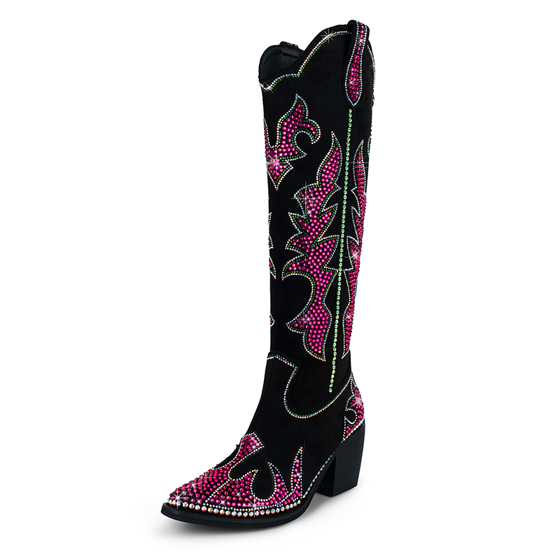 TAAFO Cowboy Chunky Heel Pointed Toe Dazzling Women Western Boots Pink Rhinestones Knee High Cowgirl Boots