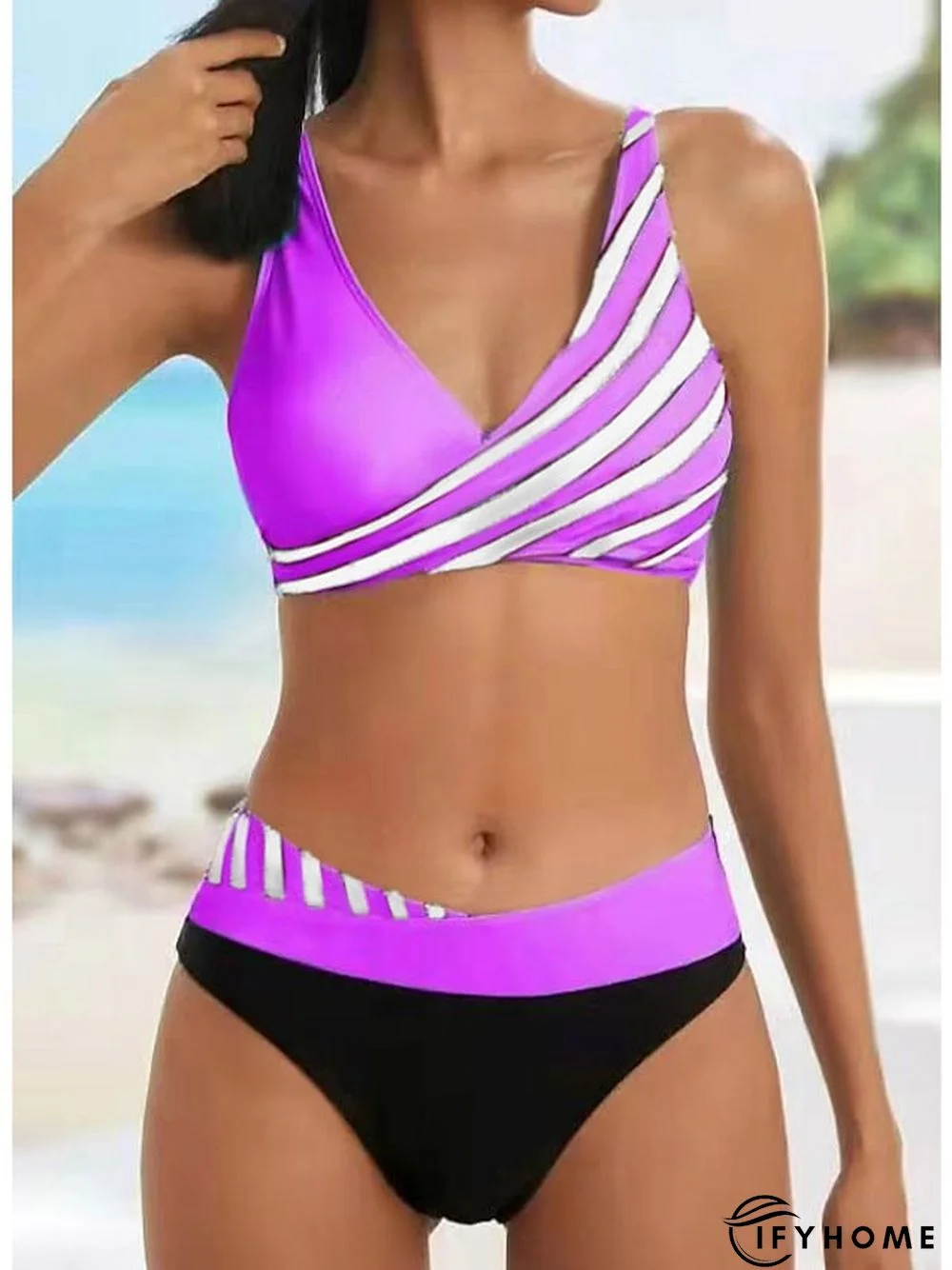 Women's Swimwear Bikini Plus Size Swimsuit 2 Piece Printing Striped Black Pink Red Blue Bathing Suits Sports Beach Wear Summer | IFYHOME