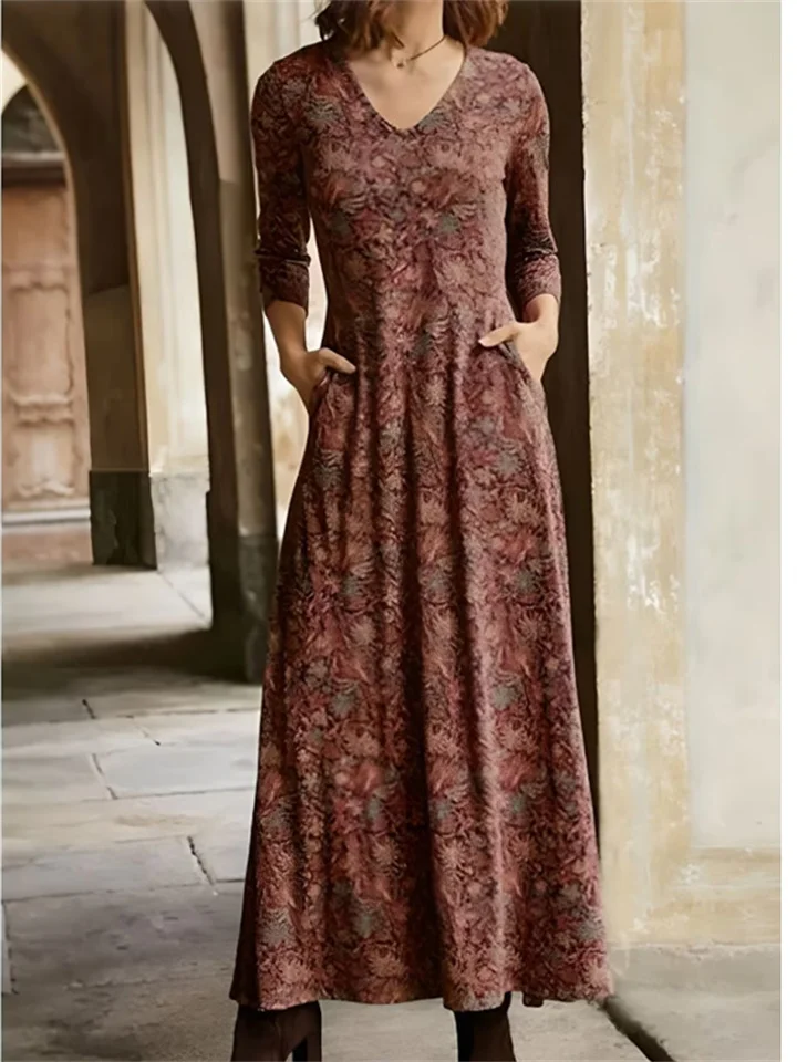 Autumn Burst Cotton Printed V-neck Loose Waist Pockets Long-sleeved Dress Women Comfortable Casual Long Dresses