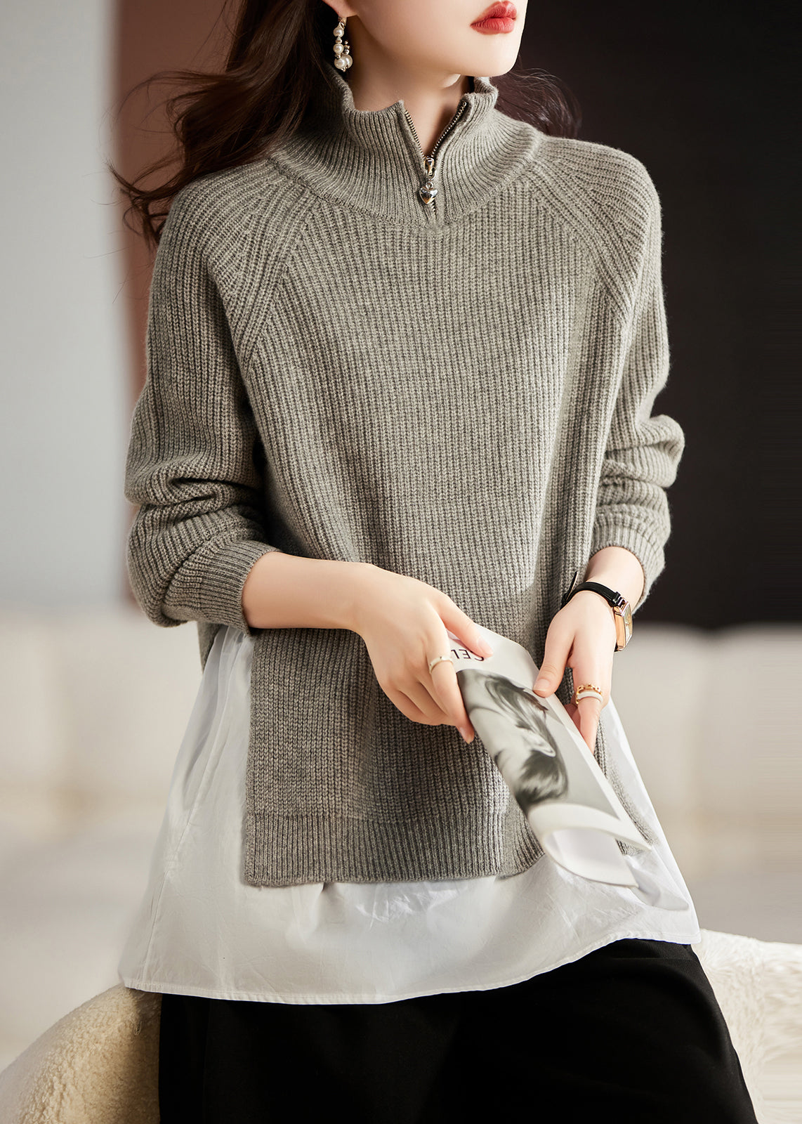 French Green Patchwork Knit Two Piece Sweater Set With Ruffled V Neck For Fall Season main image 0