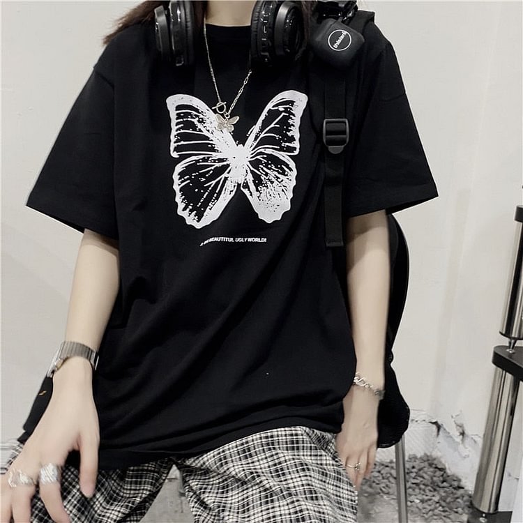 Harajuku Cartoon butterfly Print plus Loose Black Women T shirt Clothing short sleeve tops punk dropshipping vintage product - BlackFridayBuys