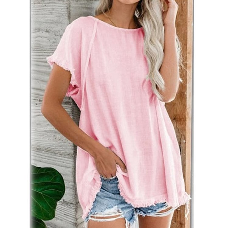 Crew Neck Fringed Short Sleeves