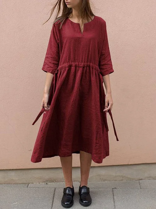 Women's Loose Round Neck Tie Up Solid Color Linen Dress