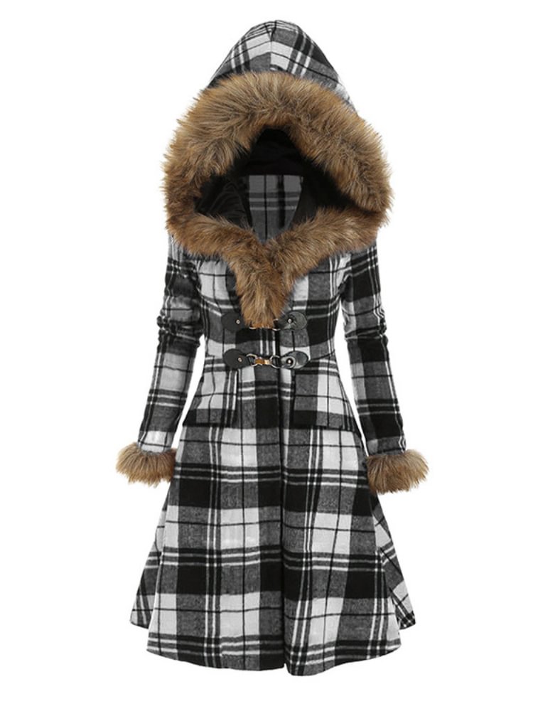 Hooded Fur Alloy Button Slim Fit Check Coat