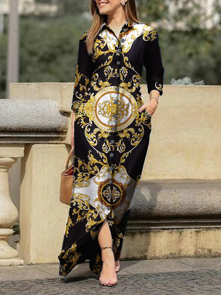 Tribal Pattern Lapel Pocket Button Down Shirt Maxi Dress