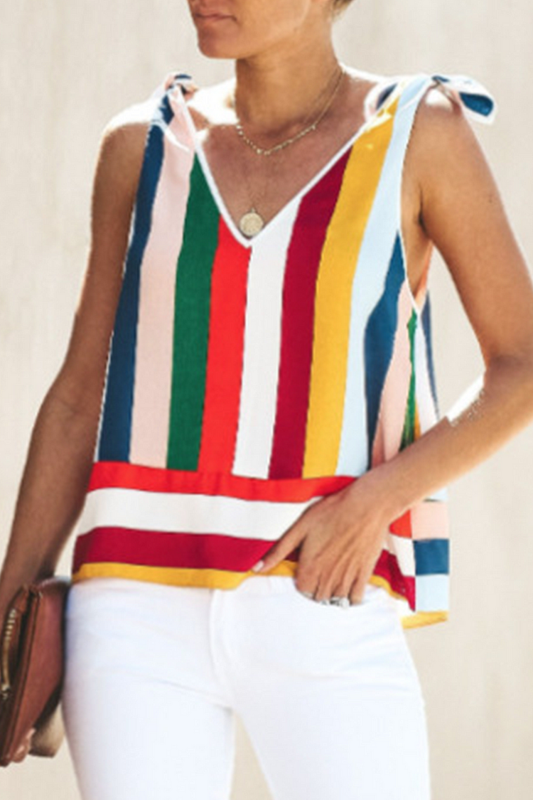 Elegant Striped Strap Design V Neck Tops - Life is Beautiful for You - SheChoic