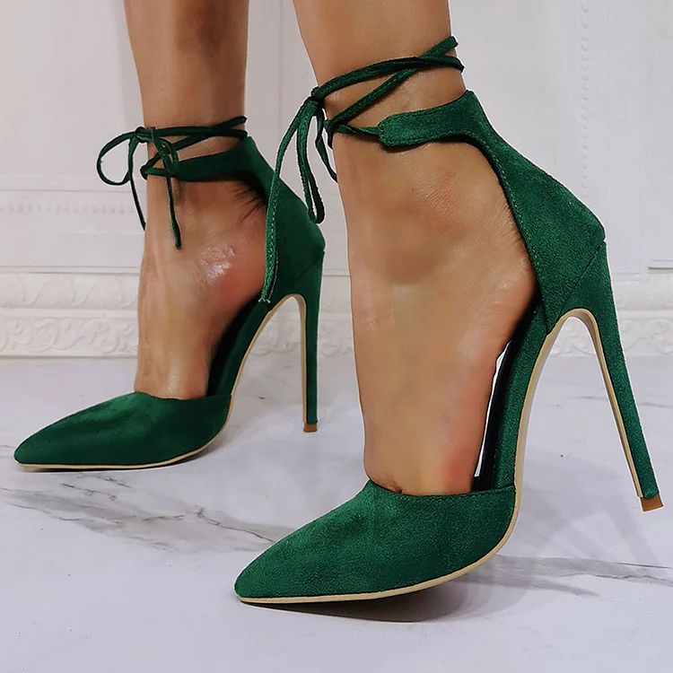 Women's Green Vegan Suede Pointy Toe Stiletto Heels Ankle Strap Pumps |FSJ Shoes