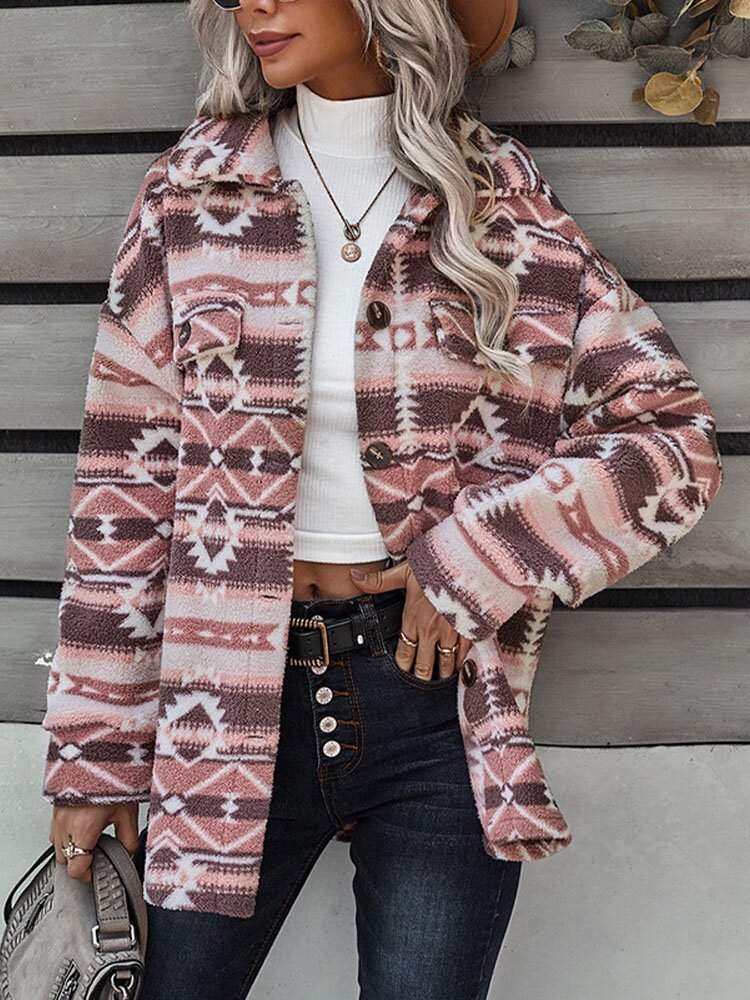 Ethnic Pattern Lapel Pocket Curved Hem Fluffy Plush Coat