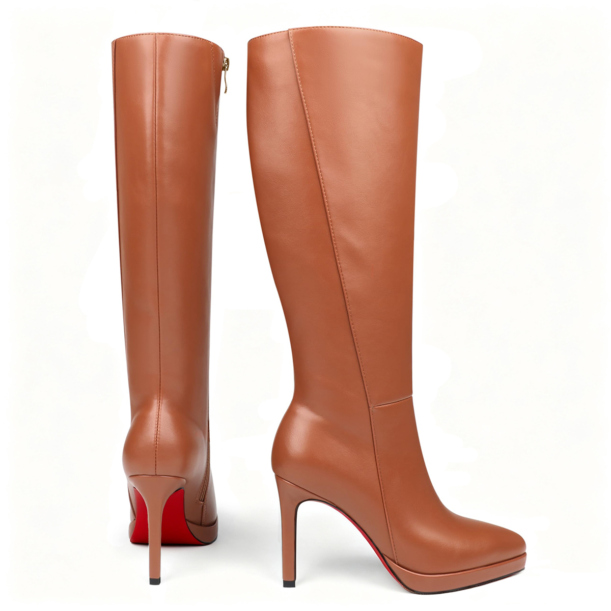 3.74" Pointed Toe Platform Stiletto Knee‑High Red Bottom Boots Side Zip Tall Heeled Boots for Women-MERUMOTE