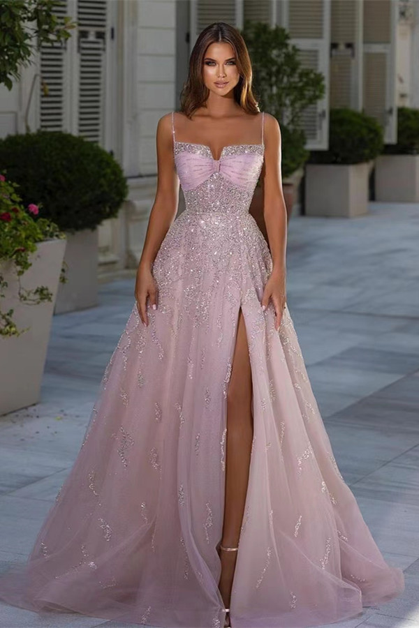 Dresseswow Pink Spaghetti-Straps Prom Dress Sleeveless A-Line Long With Slit Beads