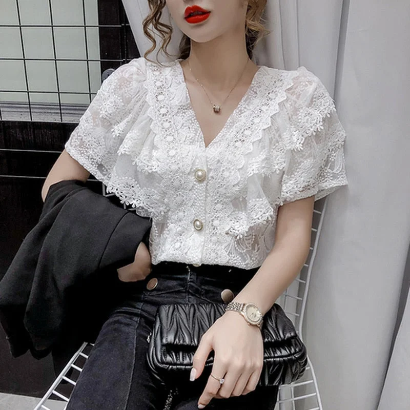 Summer V-neck Hollow Lace Women Tops 2021 New French Sexy Ruffle Stitching Shirt Female Short Sleeve Slim Crochet Blouse 14175