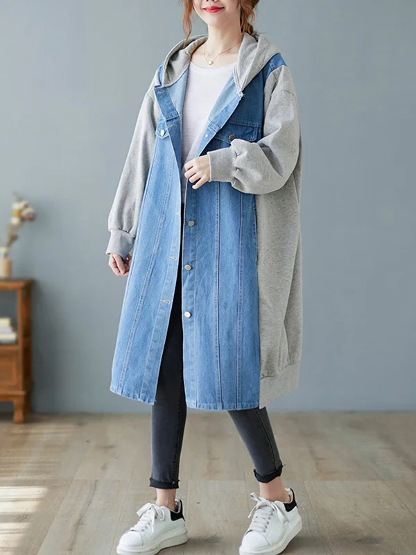 Casual Cotton Denim Split-Joint Hooded Outerwear