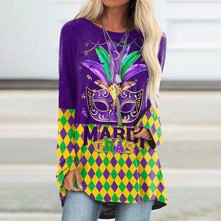 Comstylish Mardi Gras Mask Beads Print Long Sleeve Tunic