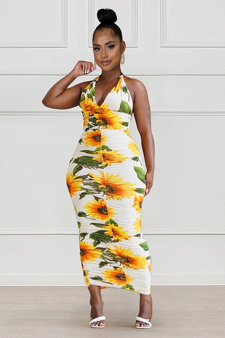 Sunflower Print Halter Backless Ruched Bodycon Vacation Midi Dresses 