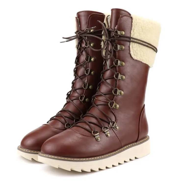 VCSHOES Leather Flat Lace Up Calf Boots