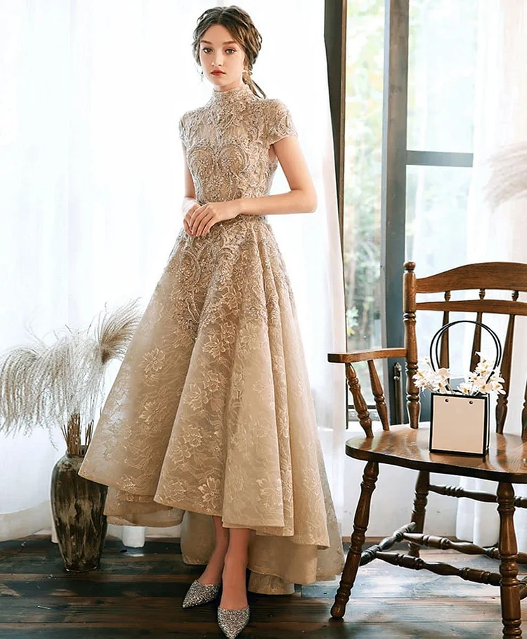 Champagne High Neck Lace Prom Dress Lace Evening Dress A038