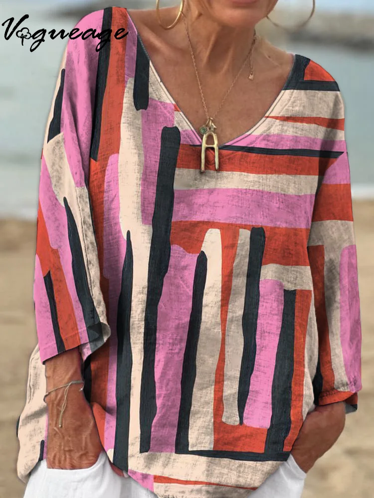 Simple Irregular Color Blocks 3/4 Sleeves Printed Cotton And Linen Shirt