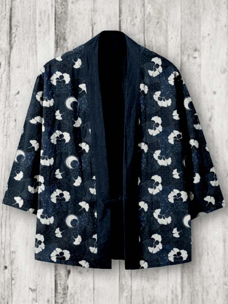 Comstylish Japanese Midnight Gingko Patchwork Art Linen Blend Kimono Cardigan