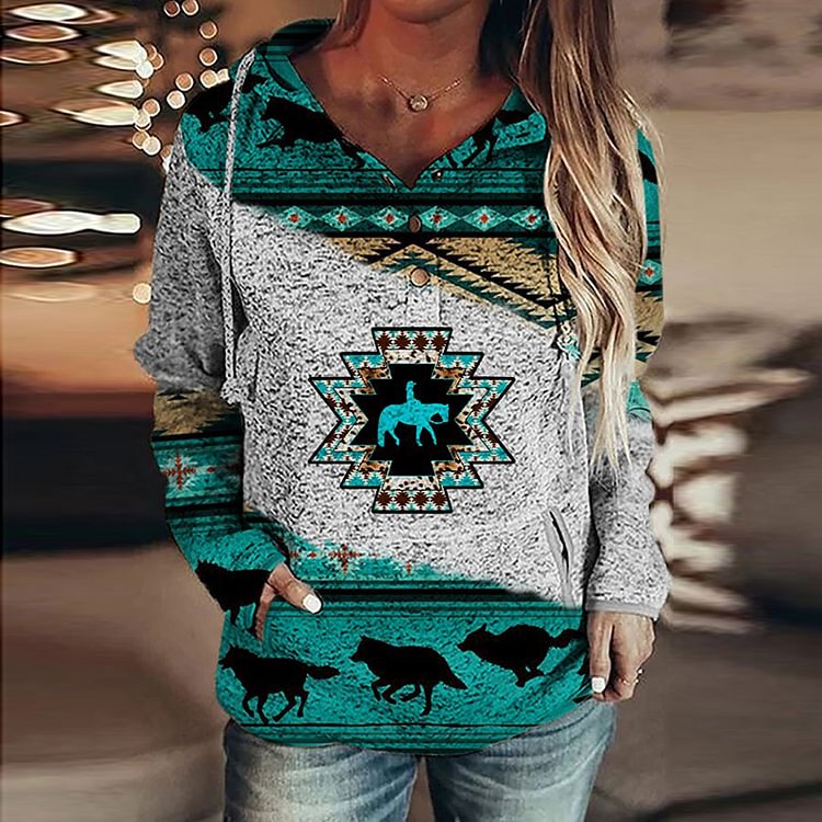Casual Western Print Long Sleeve Hoodie