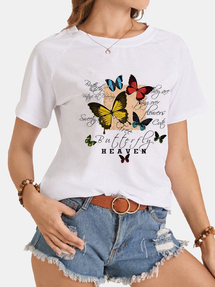 Multi color Butterflies Letters Print Short Sleeve Casual Women O neck T Shirt P1846439