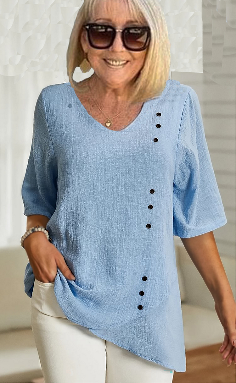 Women's Plain Button Trim V-Neck Short Sleeve Asymmetrical Hem T-Shirt VangoghDress