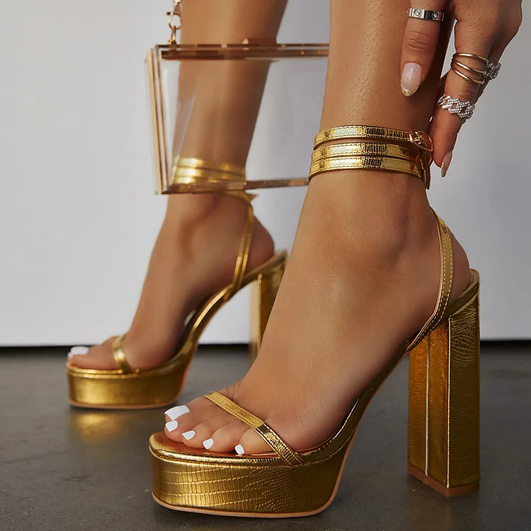 FSJ Gold Platform Shoes Square Toe Ankle Strap Block Heel Sandals |FSJ Shoes