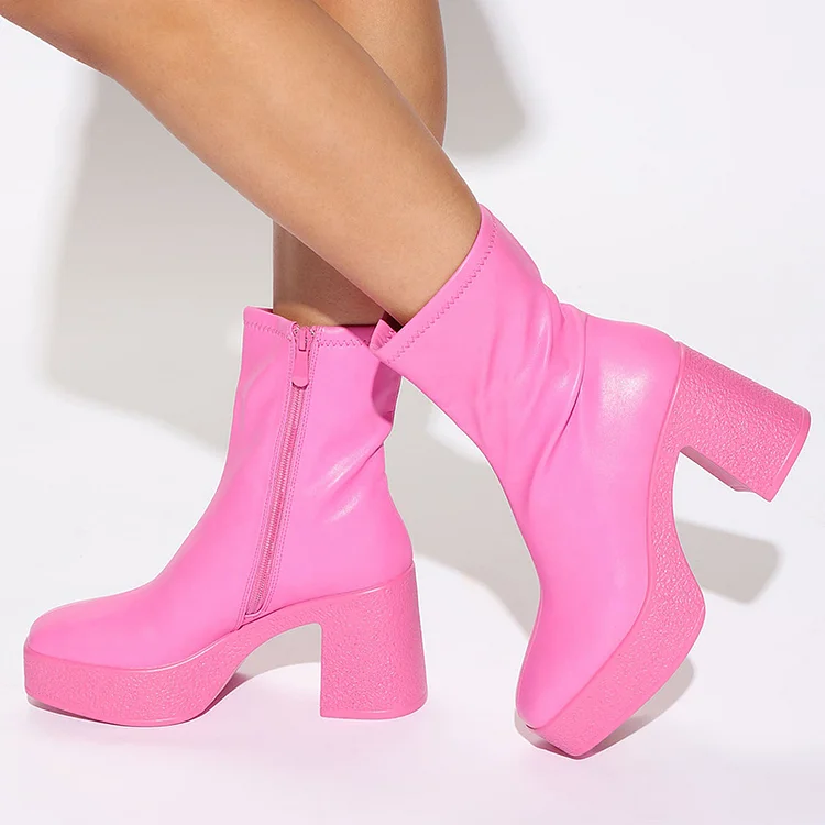 Hot Pink Patent Mid Calf Square Toe Chunky Heel Boots Vdcoo