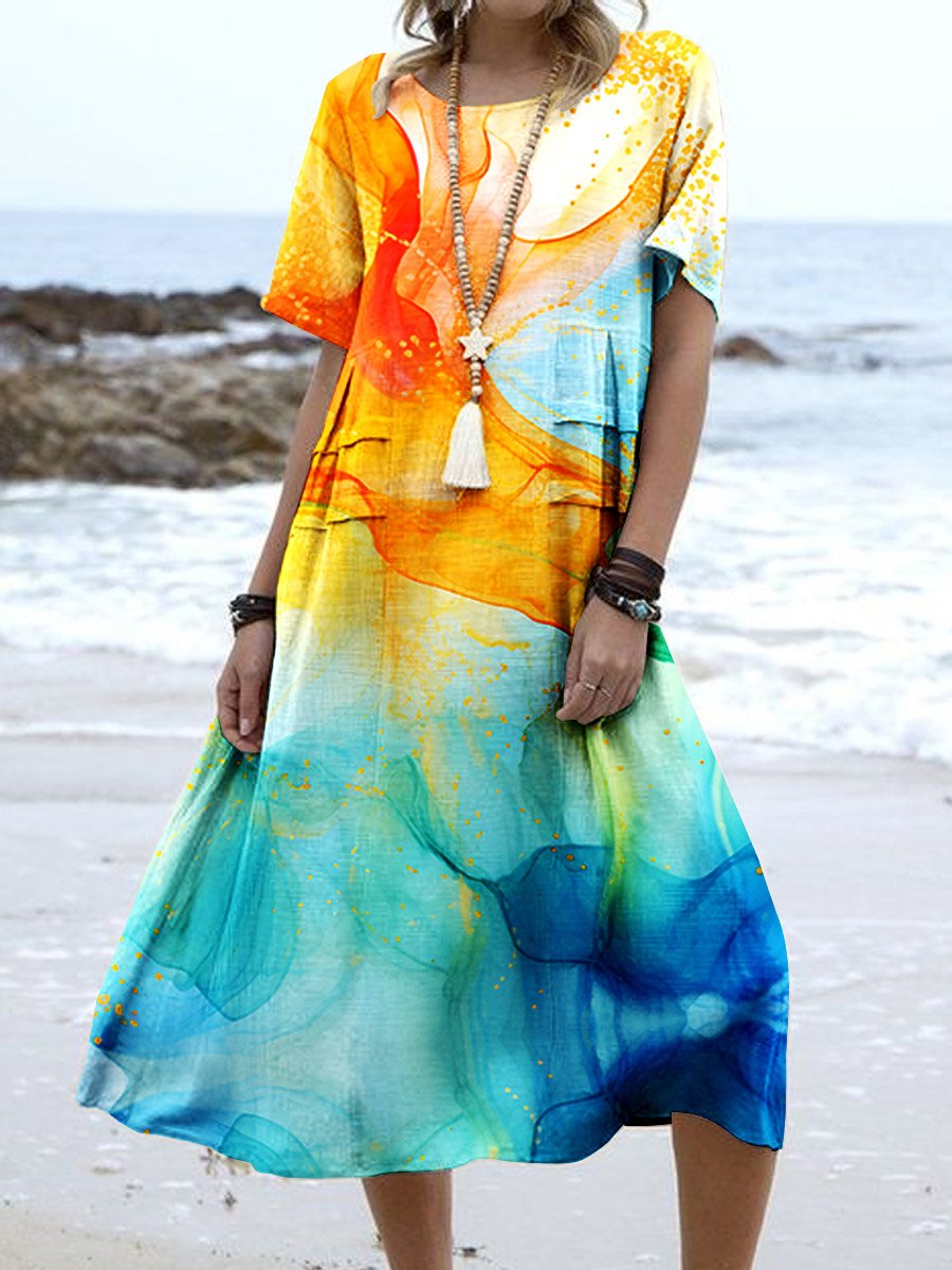 Women's Watercolor Splash Fluid Art Print Flowy Dress