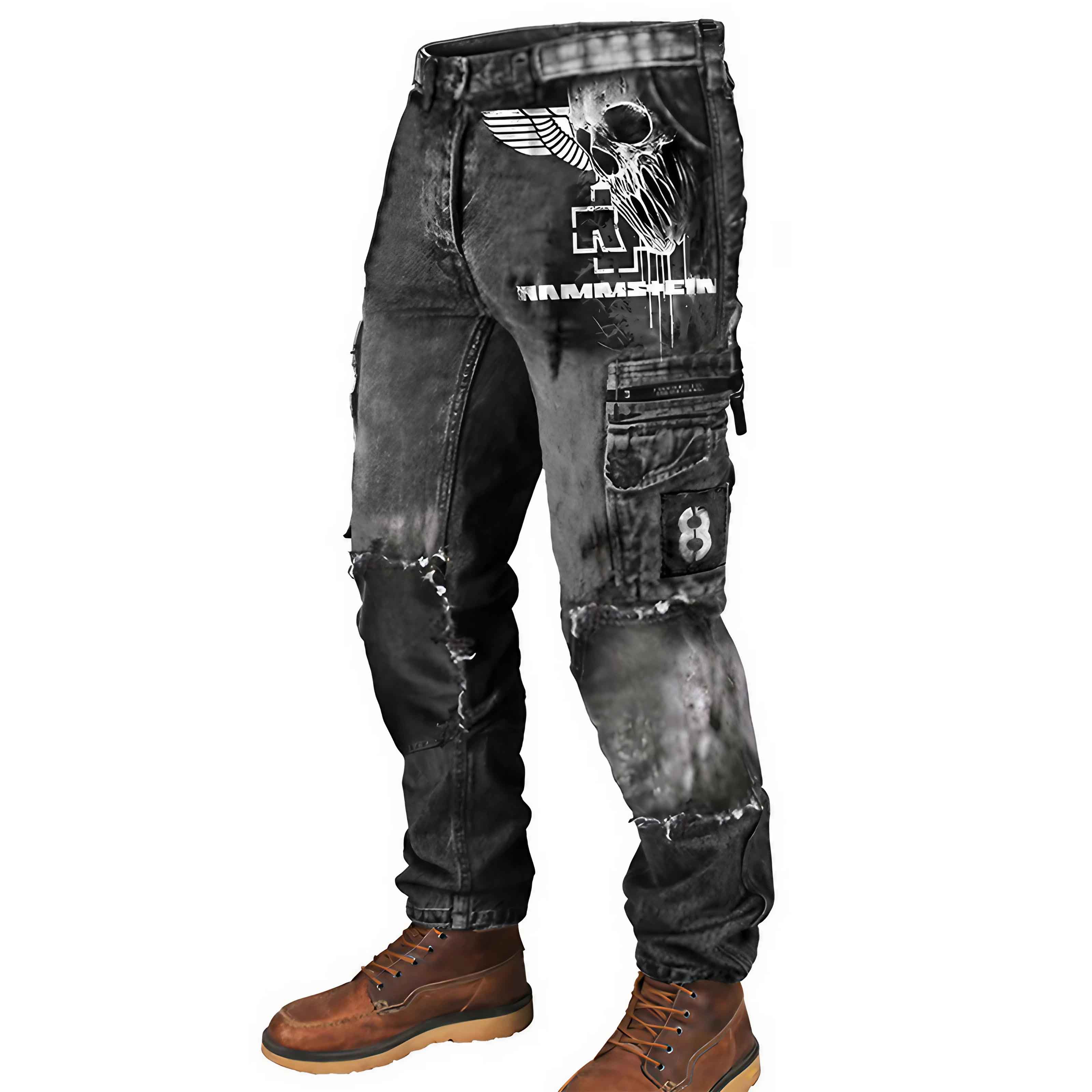 Men's Cargo Pants Rammstein Rock Band Skull Vintage Distressed Utility Outdoor Pants / TECHWEAR CLUB / Techwear