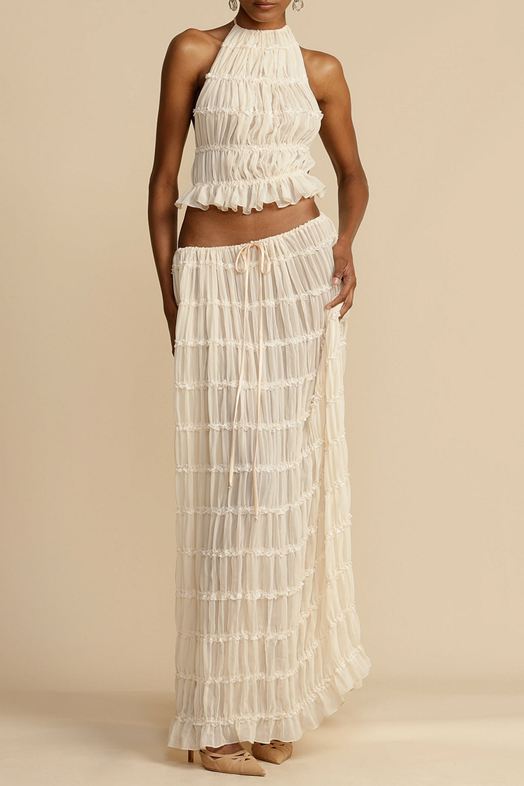 Tiered Lace Trim Backless Crop Top Maxi Skirt Matching Set-White