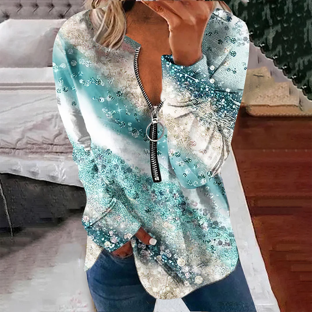 Women's Marble Print Long sleeved Half Open Zipper Sweatshirt