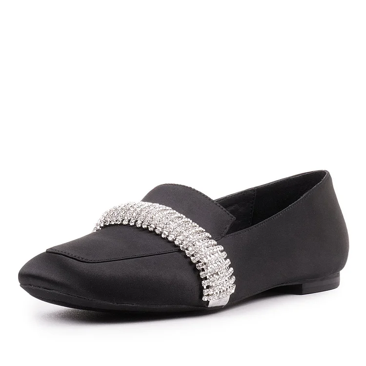Black Satin Women's Loafers Round Toe Rhinestone Strap Flats |FSJ Shoes