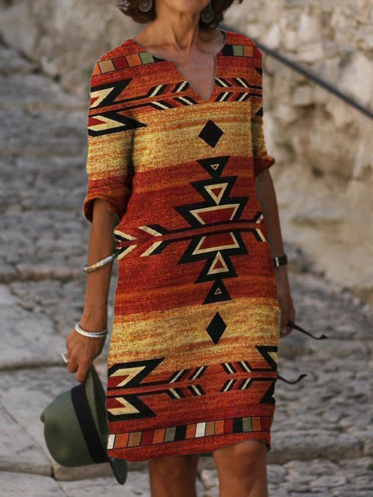 Vefave Western Aztec Notch Neck Midi Dress