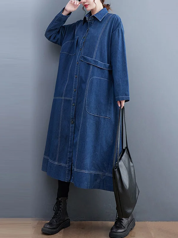 Casual Loose Long Sleeves Buttoned Lapel Collar Denim Trench Coats