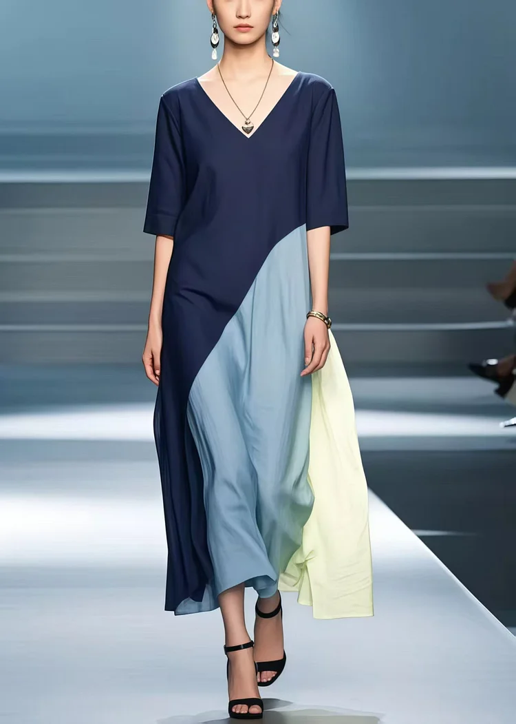 Art Navy Asymmetrical Design Cotton Fake Two Piece Dresses Summer