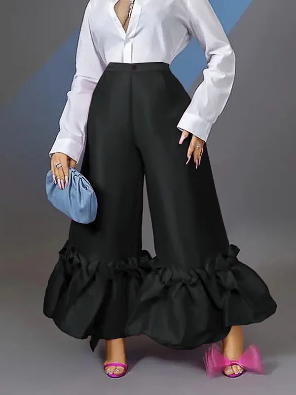 Loose Wide Leg Buttoned Falbala High-Waisted Solid Color Flared Trousers Pants