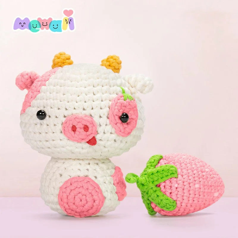 Mewaii Crochet Kits For Beginner and Kawaii Starwberry Cow Plush Crochet Kits with Easy Peasy Yarn For Adults