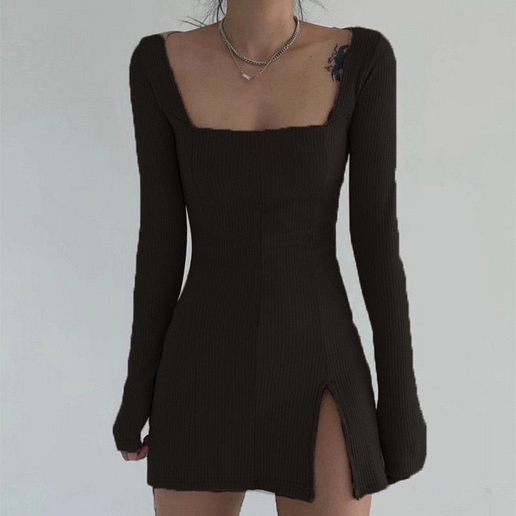 new spring long sleeve dress women's slim sexy mini dresses square collar bottom slit fashionable dress Khaki - BlackFridayBuys
