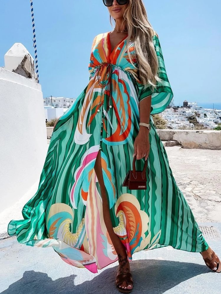 Digital Print V-neck Smocked Split Floor Length Dress P11266