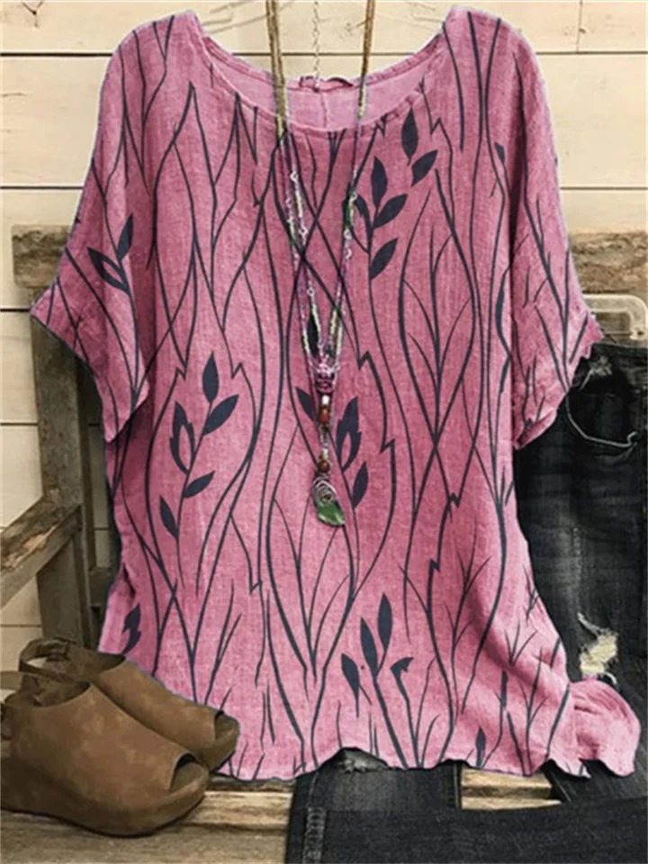 Summer Women's New Round Neck Print Leaf Pattern Five-point Sleeves Ruffle Sleeves Temperament Elegant T-shirt Tops