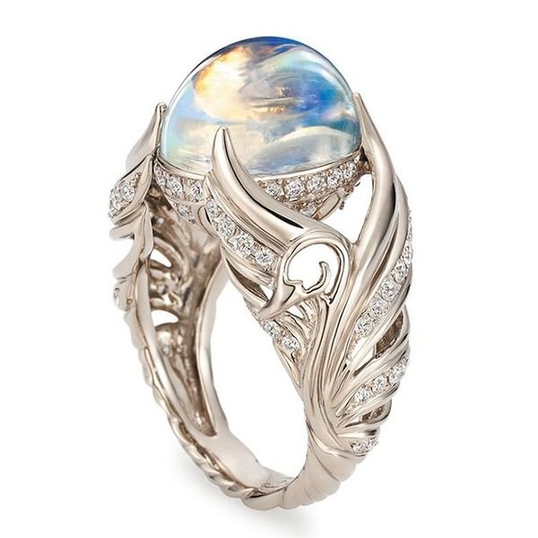 Angel Wings Full Diamond Inlaid Moonstone Ring
