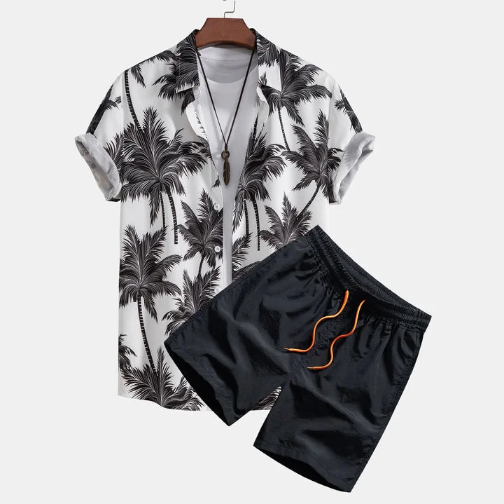 Men's Vacation Coconut Tree Print Button Shirt & Shorts 2Pcs Set