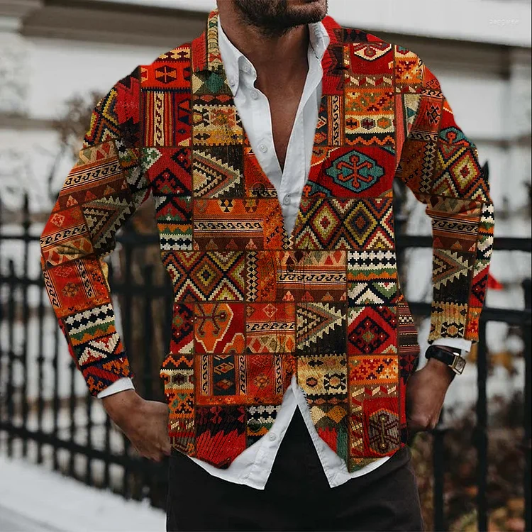 Men's Casual Ethnic Style Printed Knitted Button Cardigan