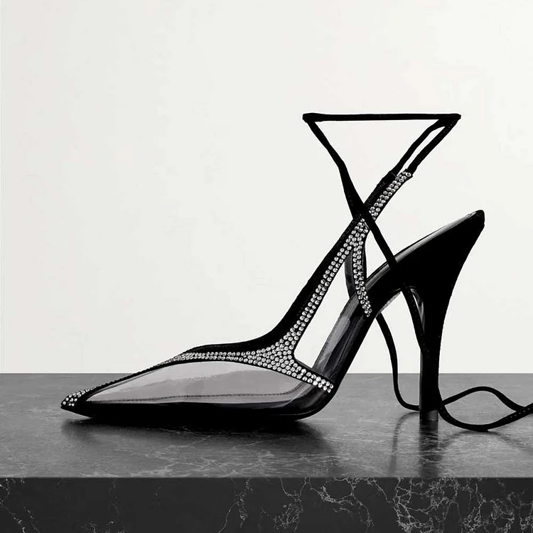 Black Pointed Toe Slingback Pumps Rhinestone Embellishment Strap Heels |FSJ Shoes