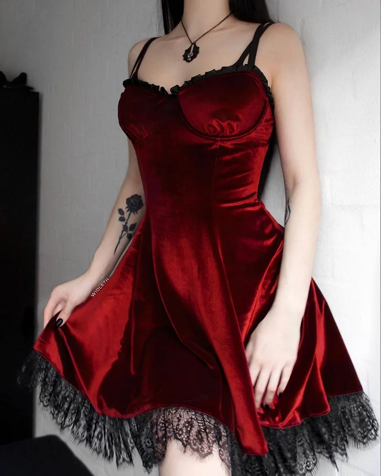 Gothic Dark Sleeveless Lace-up Velvet Spaghetti Paneled High-rise Midi Dress