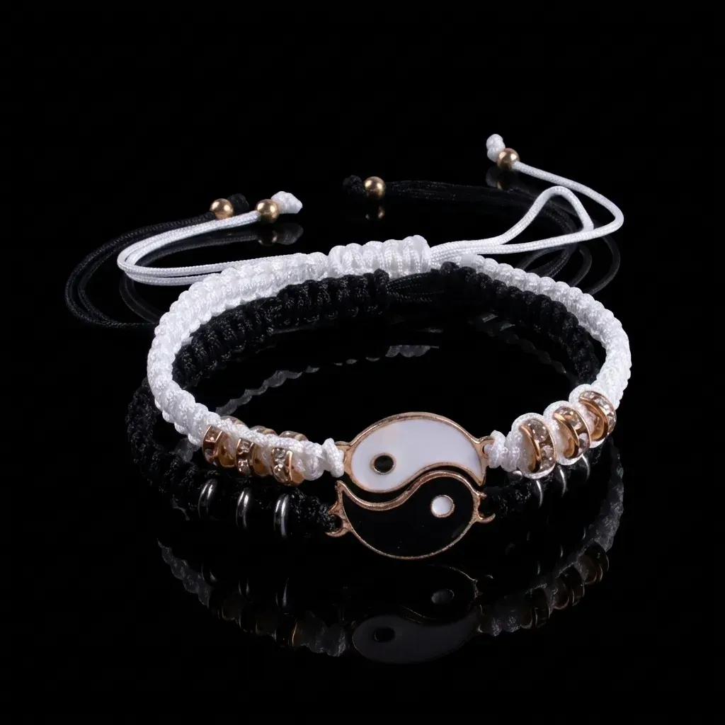 JiStones Harmony Duo: Black & White Reversible Couple Bracelet Set | Adjustable Silver-Tone Chain