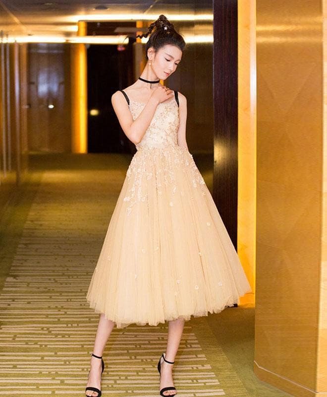 Cute Champagne Lace Short Prom Dress