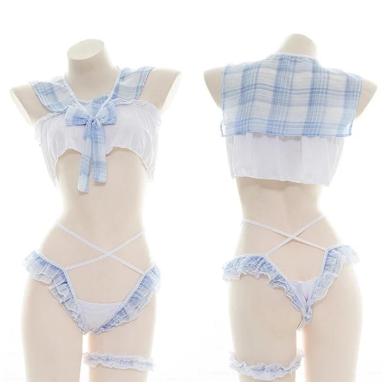 Kawaii Sweet Bow Plaid Cute Lingerie Set SP16255